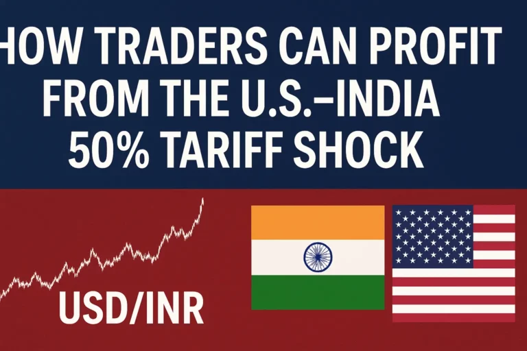 Traders analyzing the impact of new 50% tariffs between the U.S. and India on currency and stock markets, identifying opportunities to profit from volatility.