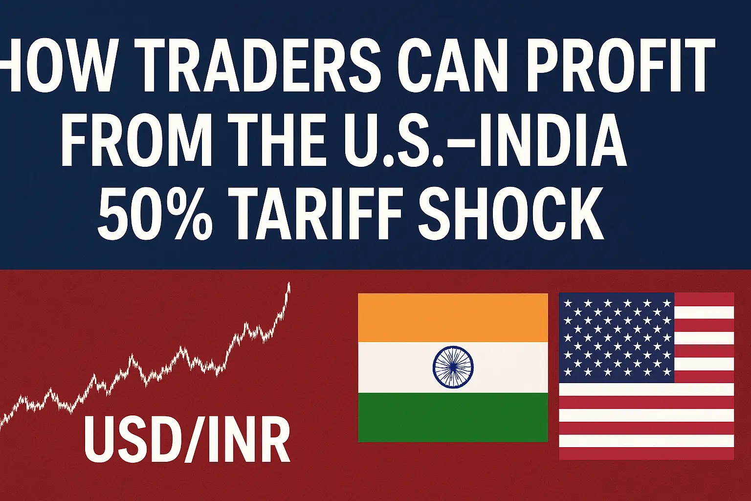 Traders analyzing the impact of new 50% tariffs between the U.S. and India on currency and stock markets, identifying opportunities to profit from volatility.