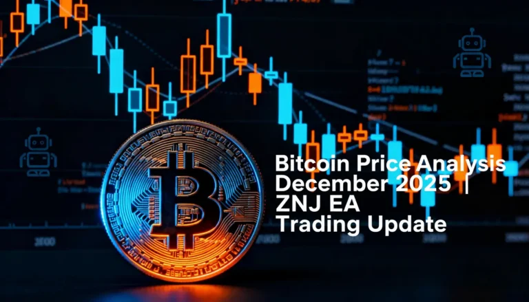 Bitcoin price analysis December 2025 with a large Bitcoin coin, volatile candlestick chart, and algorithmic trading theme, titled ‘Bitcoin Price Analysis December 2025 | ZNJ EA Trading Update’.