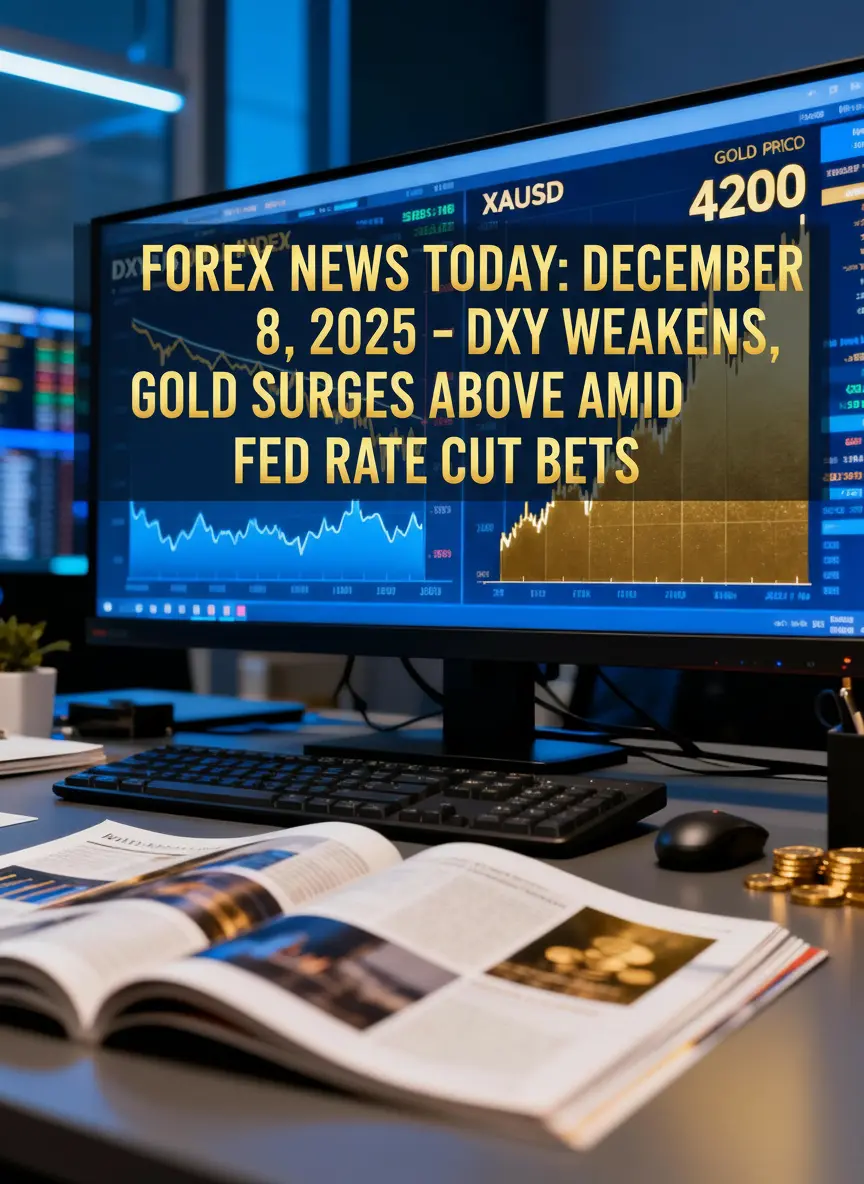 Large featured forex trading image showing DXY index trending lower and gold (XAUUSD) price surging above 4200 on multiple monitors, illustrating the headline “Forex News Today: December 8, 2025 - DXY Weakens, Gold Surges Above 4200 Amid Fed Rate Cut Bets