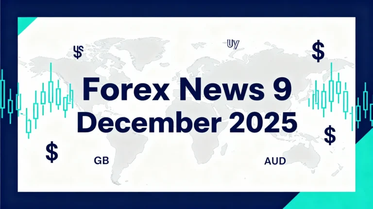 Forex news 9 December 2025 graphic with bold headline over a dark blue world map background, showing candlestick chart lines and currency symbols for USD, JPY, GBP, and AUD.