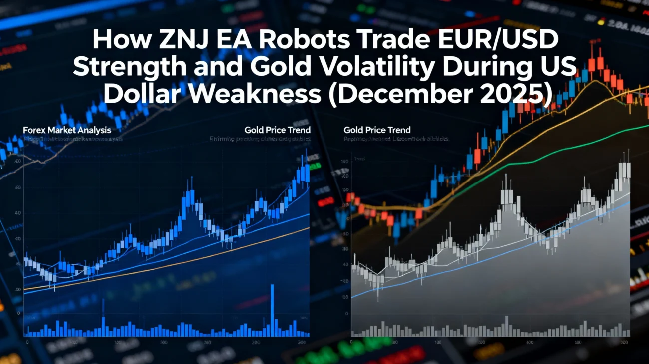 Feature image showing the title ‘How ZNJ EA Robots Trade EUR/USD Strength and Gold Volatility During US Dollar Weakness (December 2025)’ over forex and gold price charts on a trading screen.