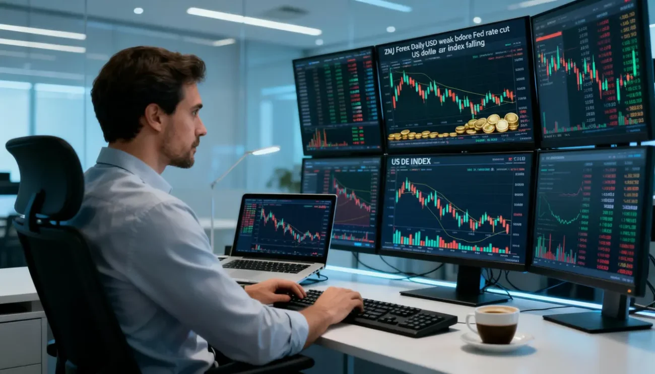 ZNJ Forex Daily article banner showing a forex trader watching EUR/USD and gold charts rising while the US dollar index falls, with the title ‘USD Weakens Before Fed Rate Cut – EUR/USD & Gold Stay Strong’ in the center.