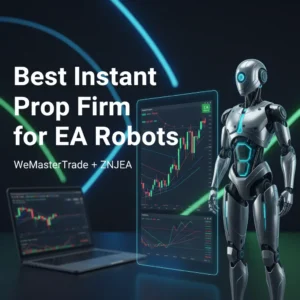 Ultra‑wide forex trading banner showing the title “Best Instant Prop Firm for EA Robots – WeMasterTrade + ZNJEA” in the center-left, with a futuristic trading robot and holographic MT5 chart on the right, and a dark background with subtle instant funding and drawdown graphics.