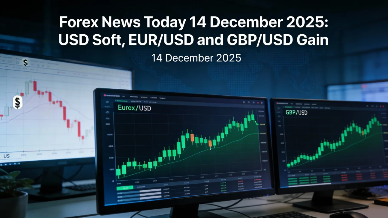 Forex news today 14 December 2025 featured image showing EUR/USD and GBP/USD charts rising in green while the US Dollar Index falls in red, with the title text on a dark blue trading desk background.