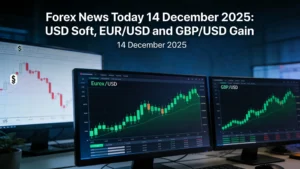 Forex news today 14 December 2025 featured image showing EUR/USD and GBP/USD charts rising in green while the US Dollar Index falls in red, with the title text on a dark blue trading desk background.