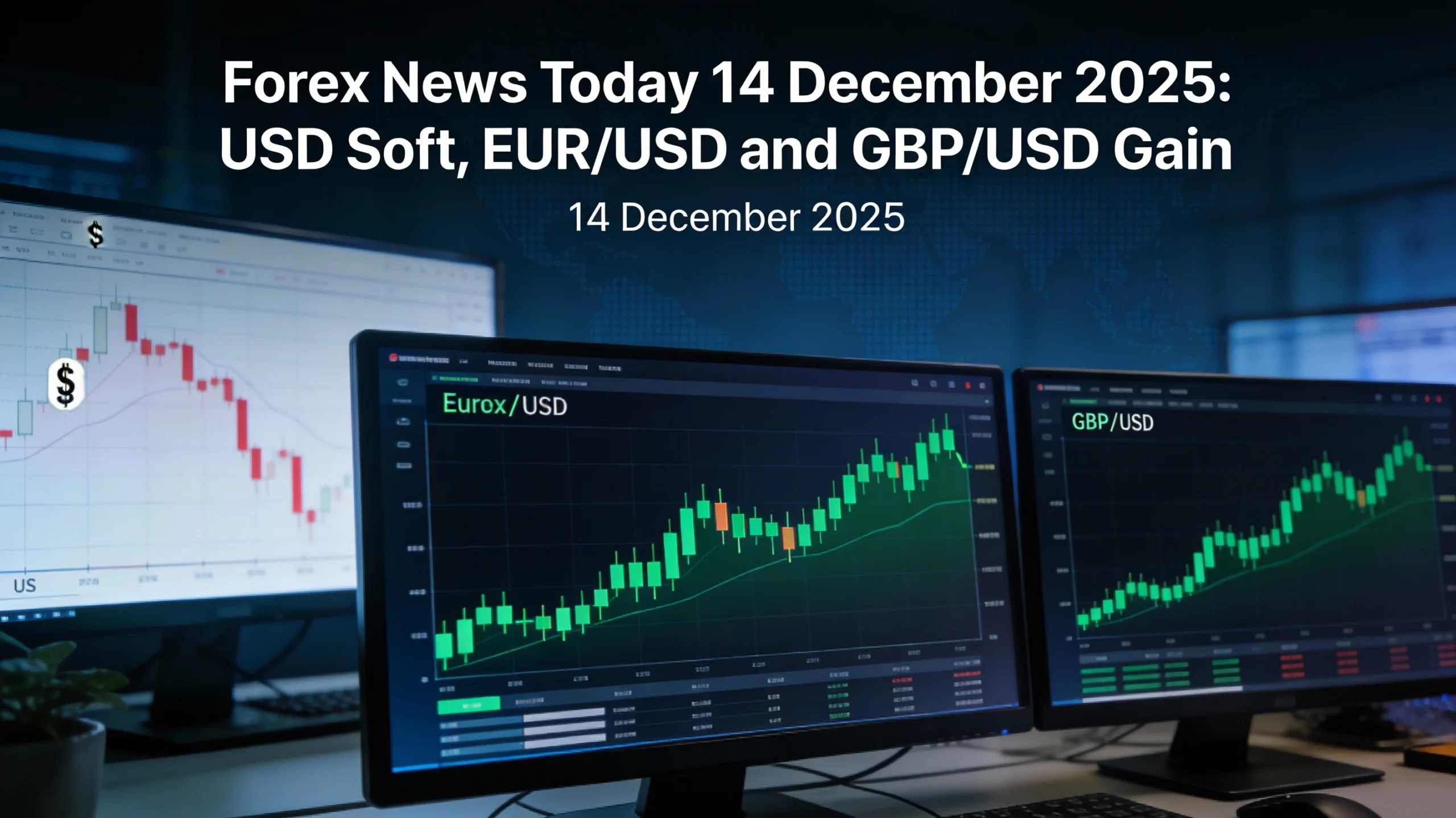 Forex news today 14 December 2025 featured image showing EUR/USD and GBP/USD charts rising in green while the US Dollar Index falls in red, with the title text on a dark blue trading desk background.