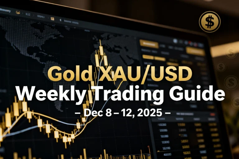 Featured image showing an upward-trending gold (XAU/USD) candlestick chart on a dark trading screen with a world map background and the title ‘Gold XAU/USD Weekly Trading Guide – Dec 8–12, 2025’ overlaid in bold text.