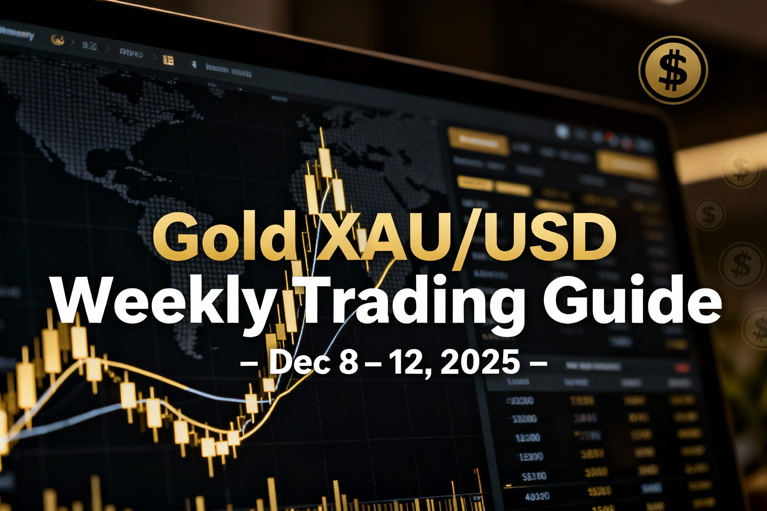 Featured image showing an upward-trending gold (XAU/USD) candlestick chart on a dark trading screen with a world map background and the title ‘Gold XAU/USD Weekly Trading Guide – Dec 8–12, 2025’ overlaid in bold text.