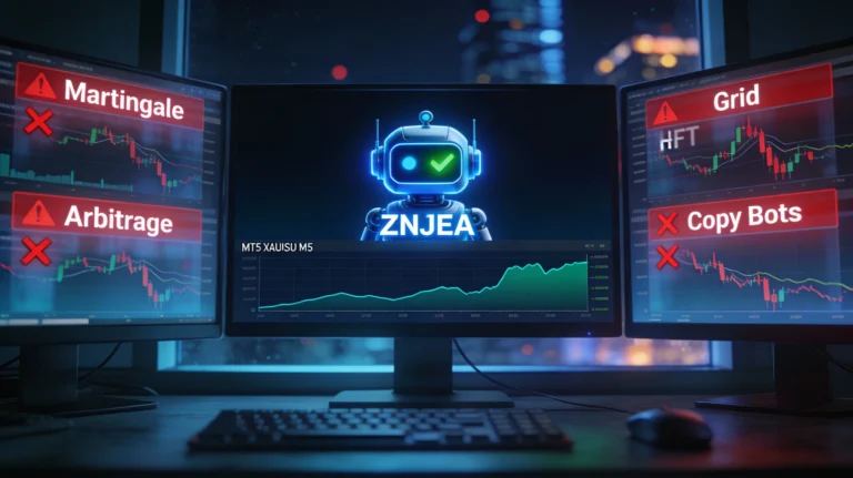 A modern forex trading desk at night with three monitors showing MT5 charts, a glowing blue ZNJEA trading robot with a green check mark on the center screen, and red warning overlays on the side screens labeled Martingale, Grid, HFT, Arbitrage, and Copy Bots, symbolizing safe versus banned robots for prop firms.