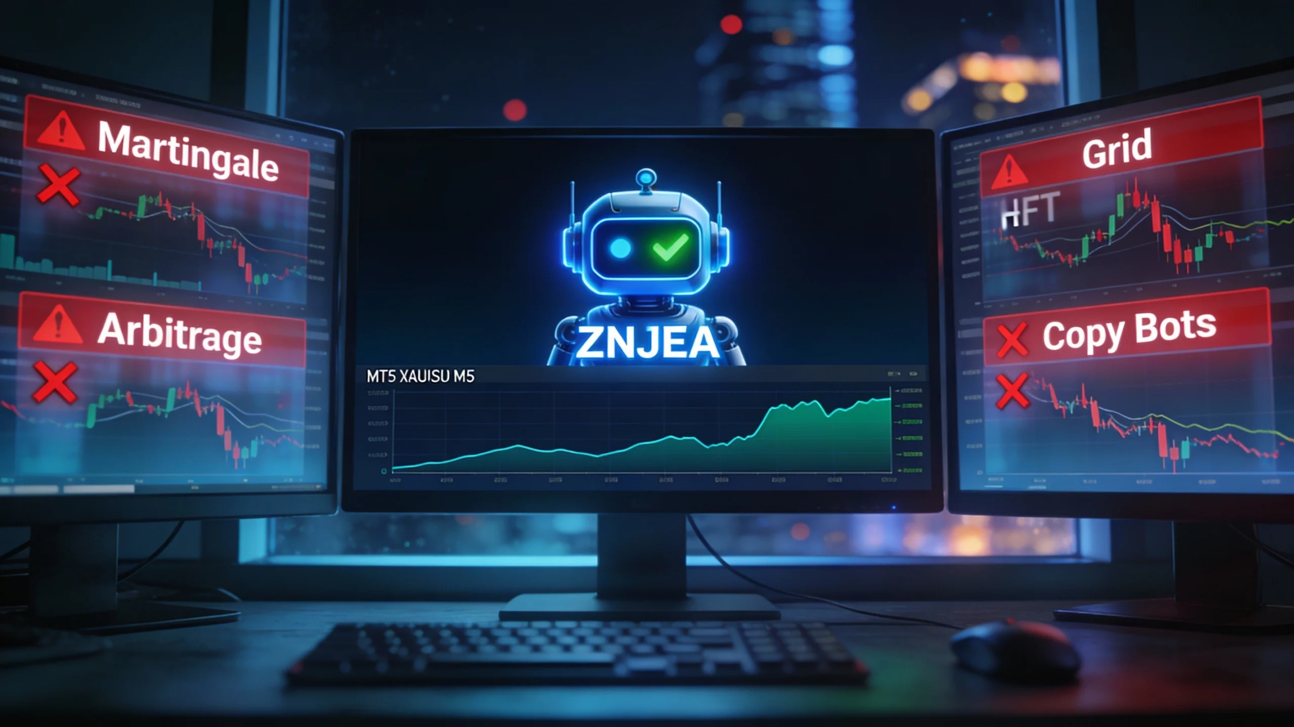 A modern forex trading desk at night with three monitors showing MT5 charts, a glowing blue ZNJEA trading robot with a green check mark on the center screen, and red warning overlays on the side screens labeled Martingale, Grid, HFT, Arbitrage, and Copy Bots, symbolizing safe versus banned robots for prop firms.